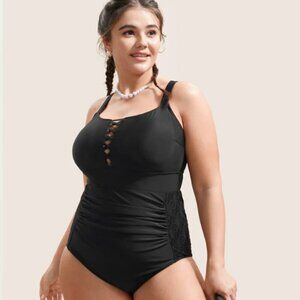 BloomChic Plus Size Solid Gathered Crisscross One-Pice Bathing Suits